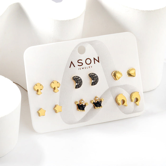 Six Pairs Mixed Card Cut Dolphin / Slime Moon / Crown Stud Earrings Gold asonjewelry
