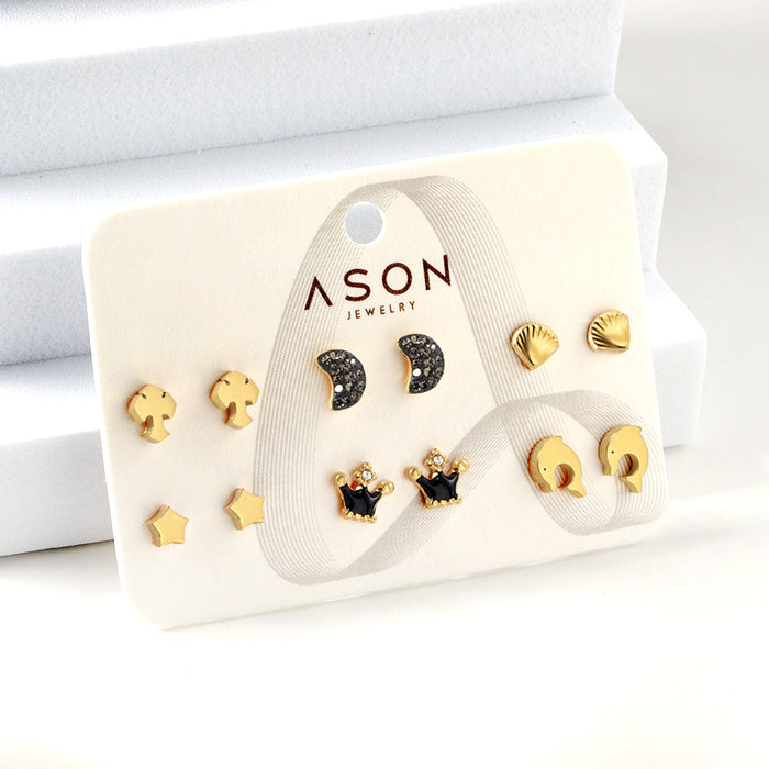Six Pairs Mixed Card Cut Dolphin / Slime Moon / Crown Stud Earrings Gold asonjewelry