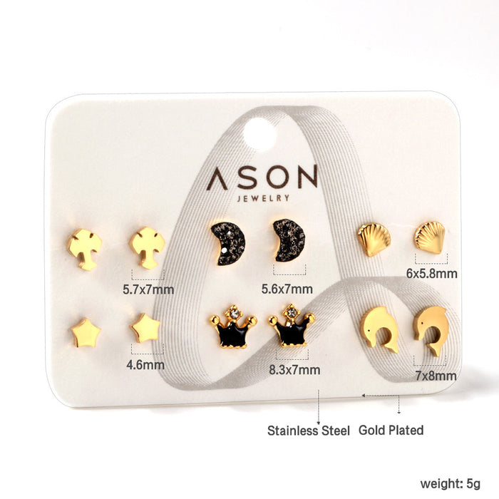 Six Pairs Mixed Card Cut Dolphin / Slime Moon / Crown Stud Earrings Gold asonjewelry