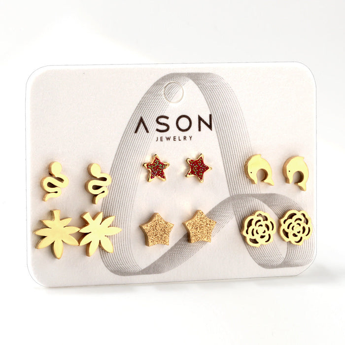 Six Pairs Mixed Snap Cut Dolphin / Maple Leaf / Starfish Stud Earrings Goldtone asonjewelry