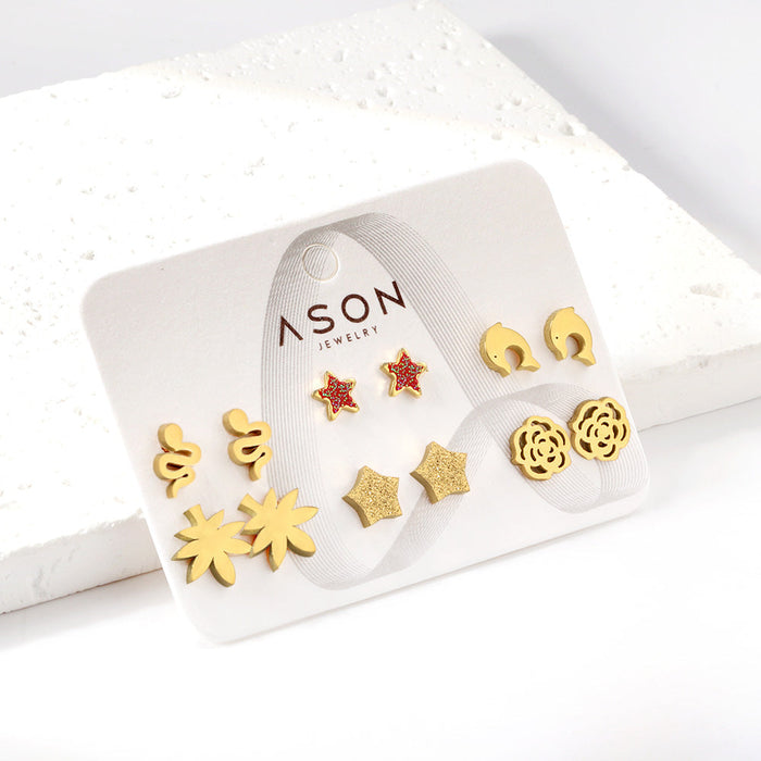 Six Pairs Mixed Snap Cut Dolphin / Maple Leaf / Starfish Stud Earrings Goldtone asonjewelry