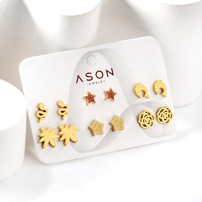 Six Pairs Mixed Snap Cut Dolphin / Maple Leaf / Starfish Stud Earrings Goldtone asonjewelry