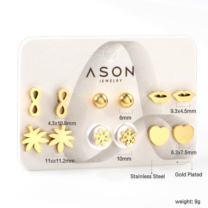 Six pairs of mixed card mounted cut glossy lips / maple leaf stud earrings gold color asonjewelry