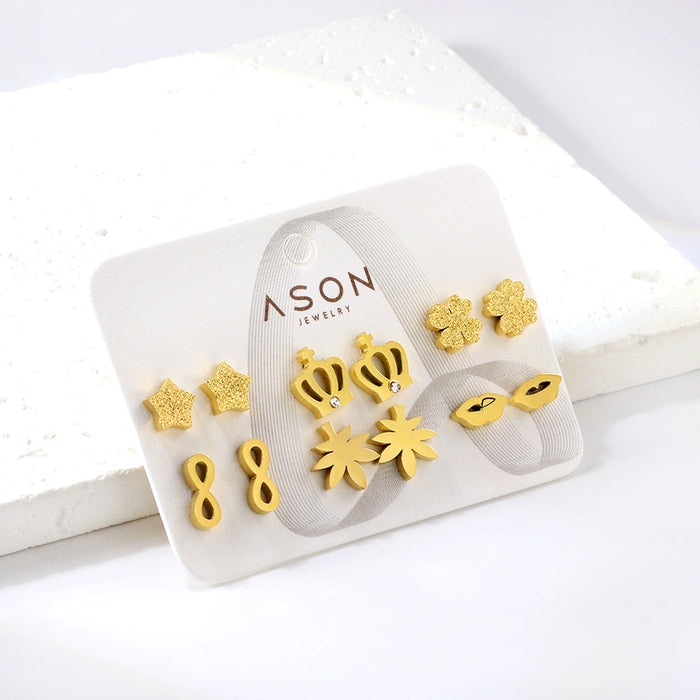 Six pairs of mixed card mounted cut-out frosted crown / lips stud earrings gold color asonjewelry