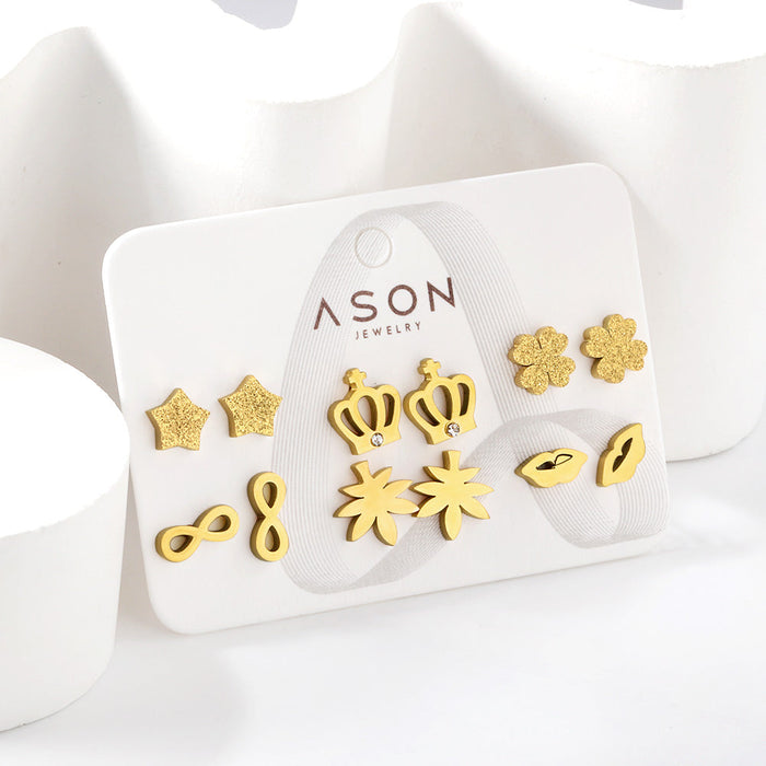 Six pairs of mixed card mounted cut-out frosted crown / lips stud earrings gold color asonjewelry