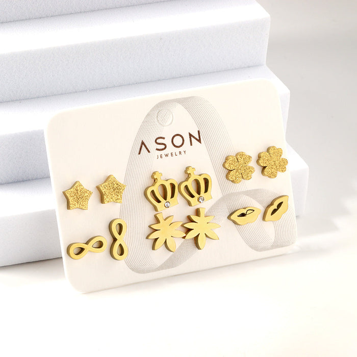 Six pairs of mixed card mounted cut-out frosted crown / lips stud earrings gold color asonjewelry