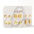 Six pairs of mixed card mounted cut-out shell / fishbone / dolphin stud earrings gold color asonjewelry
