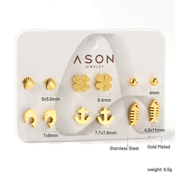 Six pairs of mixed card mounted cut-out shell / fishbone / dolphin stud earrings gold color asonjewelry