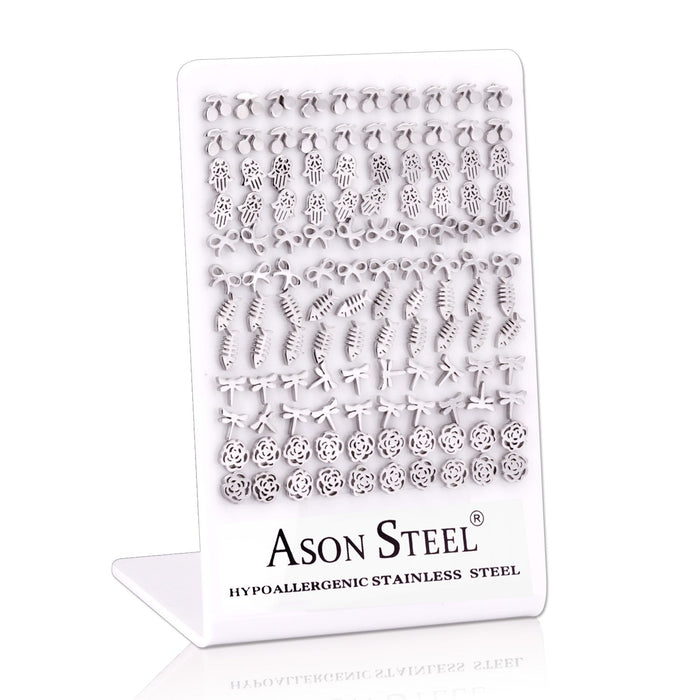 Steel Cherry / Bow / Fishbone Cut Stud Earrings without Diamonds on Card Holder asonjewelry