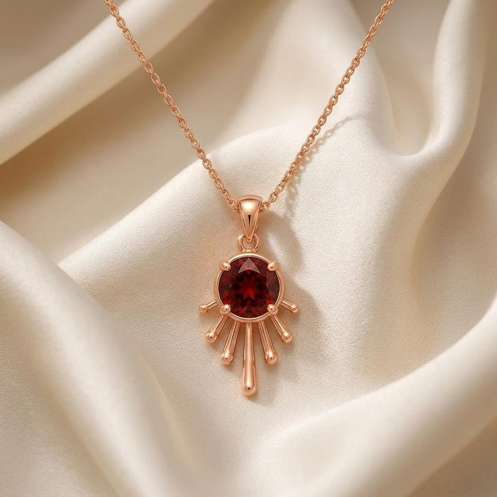 Rose-tone Sun Drop Pendant Necklace with a deep red center on ivory satin