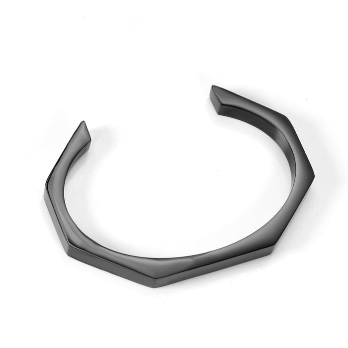 Three colors of black gold-tone steel with an angular face on an open-end rigid bracelet. asonjewelry