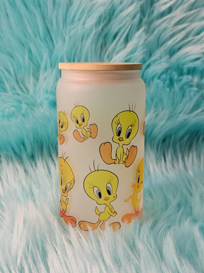 Tweety Bird- Libbey Glass Can 16 oz with Bamboo Lid and Straw