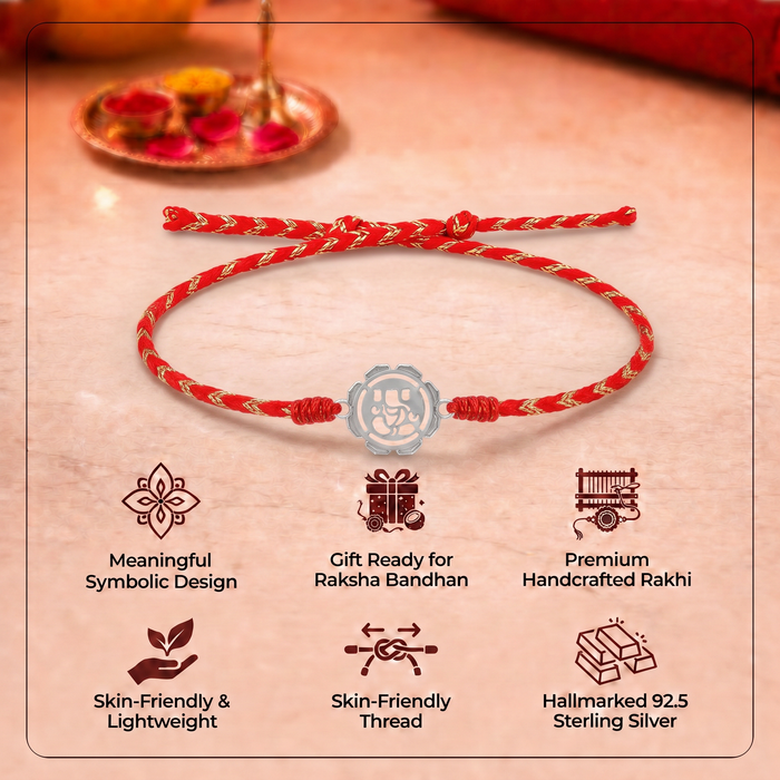 Unniyarcha 92.5 Pure Silver Ganesha Rakhi with Chandan Tilak set