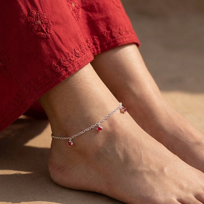Unniyarcha 925 Pure Silver Red Zircon Anklet