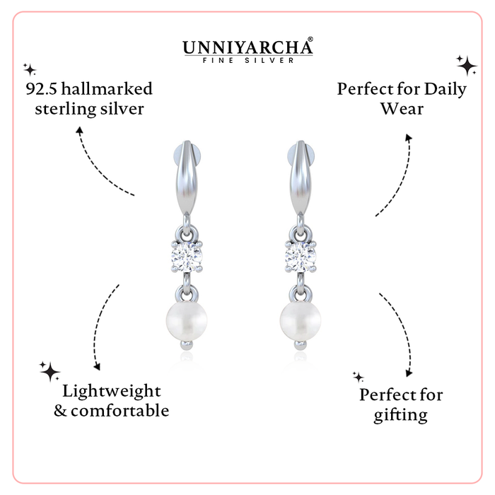 Unniyarcha 925 Pure Silver White Zircon Pearl Earrings