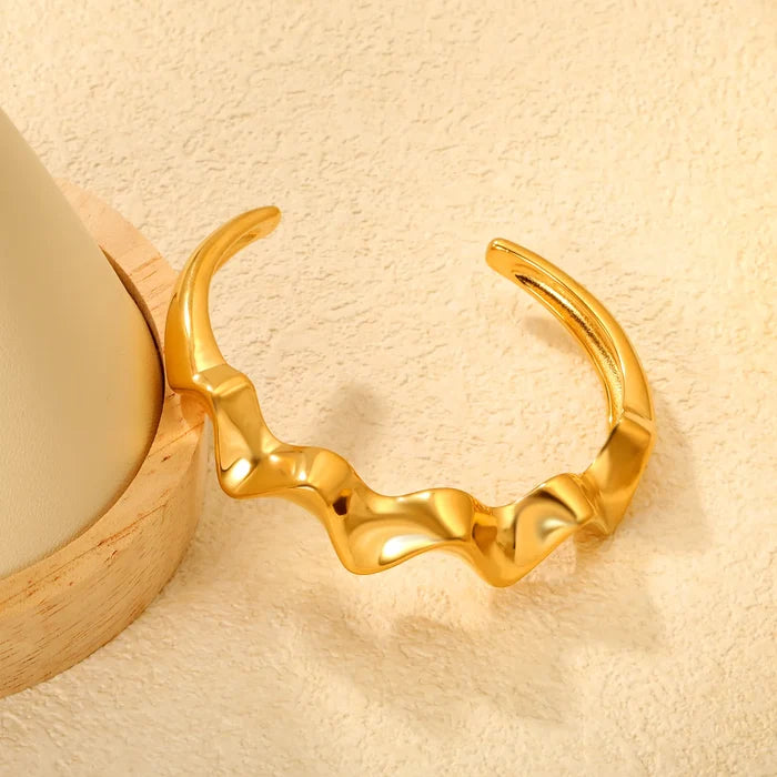 Width 14mm, inner diameter 60mm, irregular smooth textured wave silk satin bracelet, gold color - Asonjewelry